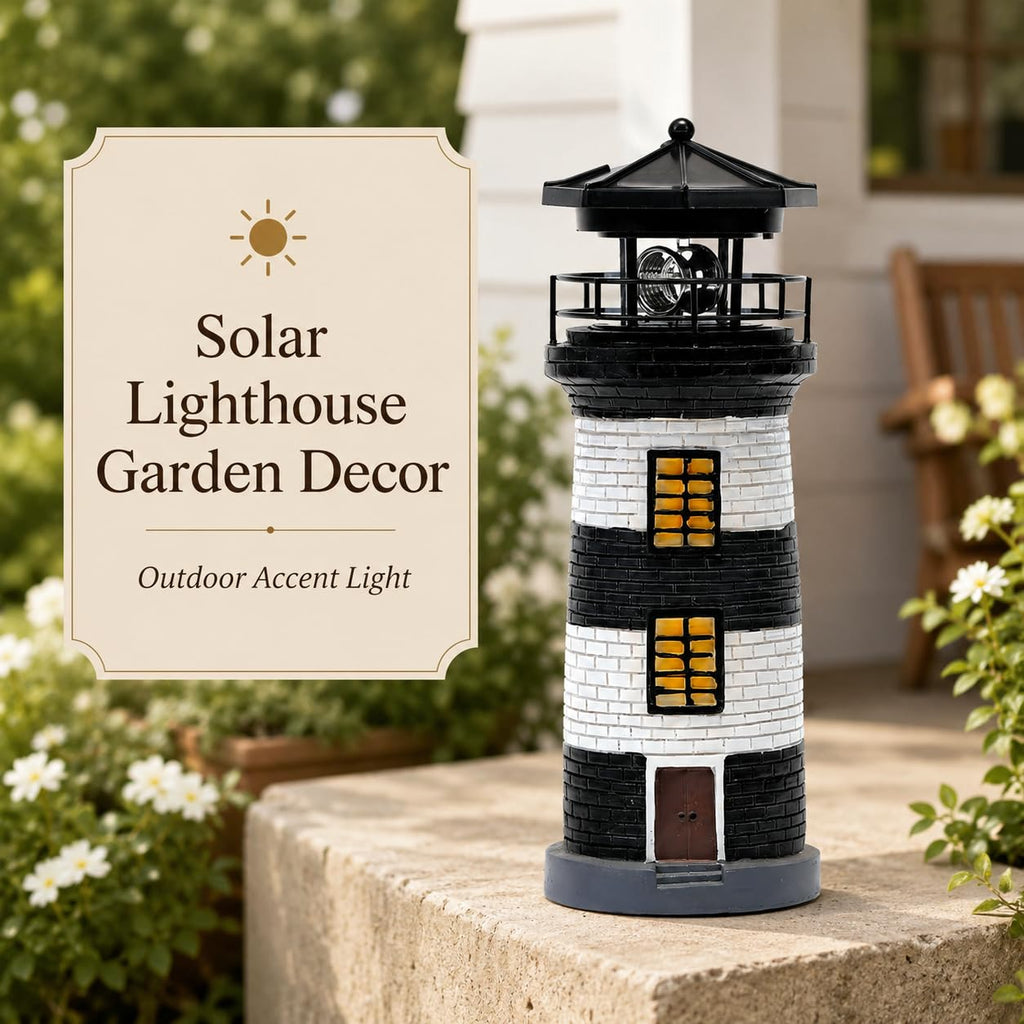 Solar Lighthouse Garden Light, Resin Outdoor Lighthouse Ornament with Rotating LED Beacon Q854318