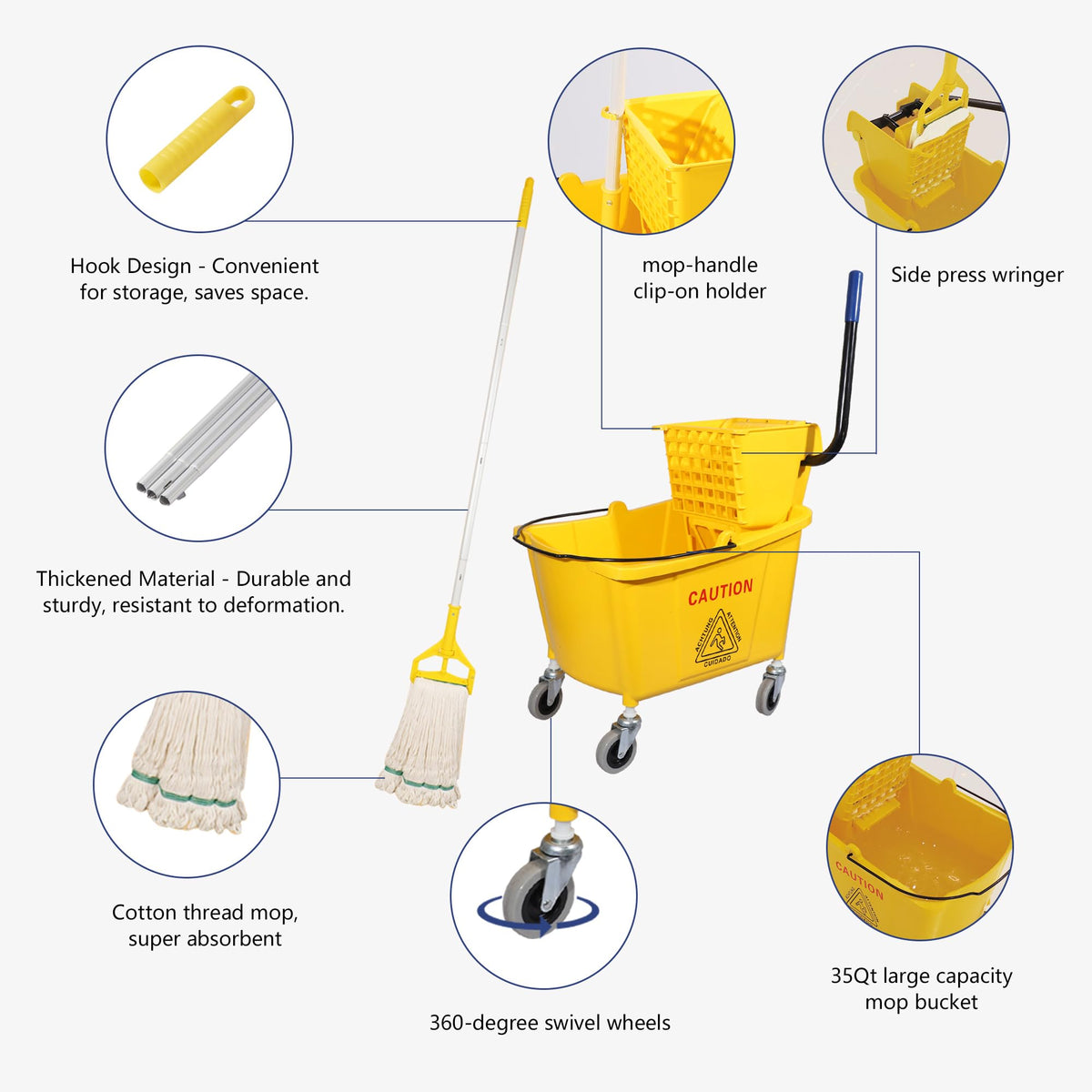 35Qt. Side-Press Mop Bucket and Wringer Combo on Wheels, Yellow H882