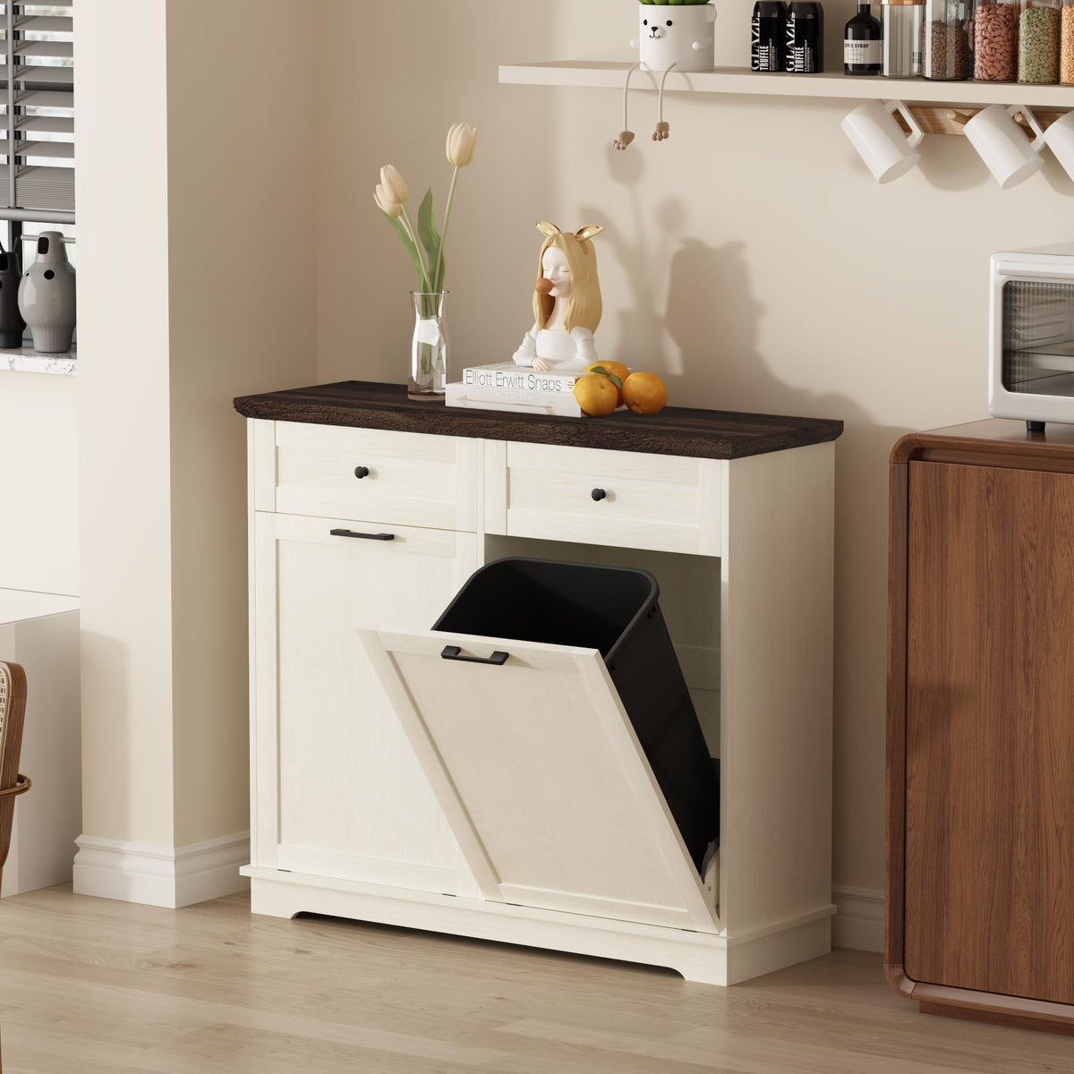 20 Gallon Double Tilt Out Wood Trash Can Cabinet with Drawer A86665
