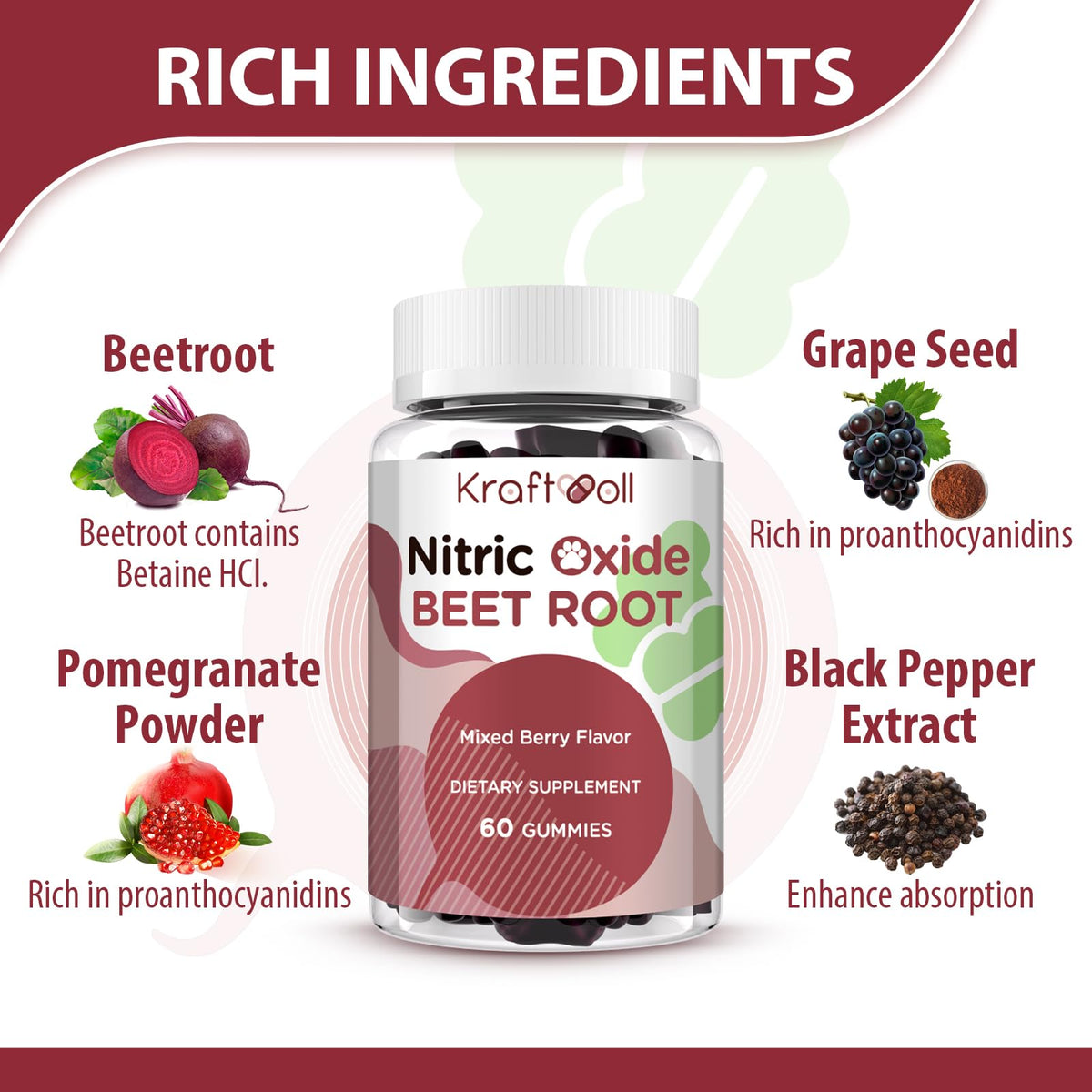 Sugar-Free Beet Root Gummies Mixed Berry 60 Gummies X934