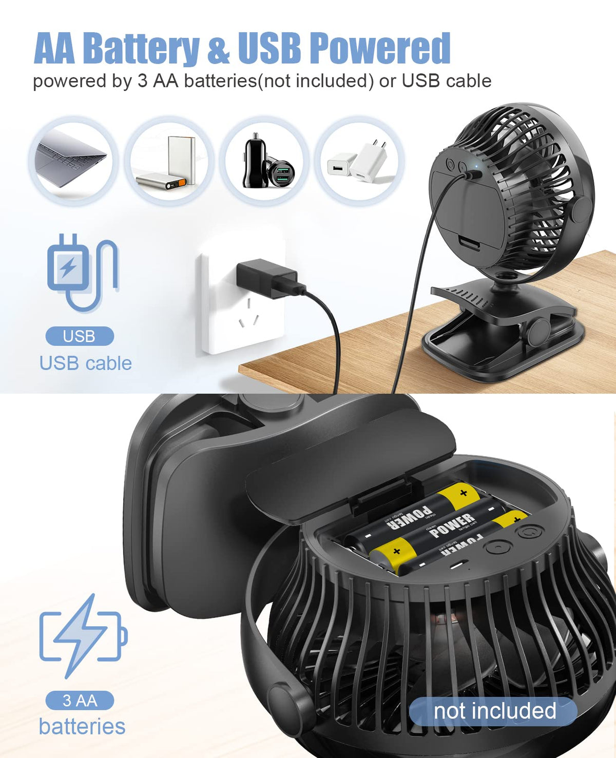 Battery Operated Clip on Fan, USB Powered Portable Desk Fan 4 Speeds P1725