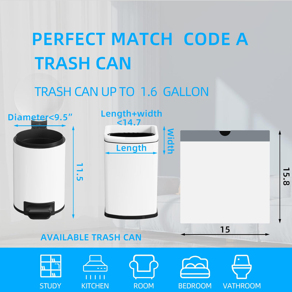 1.6 Gallon Mini Drawstring Trash Bags, 120 Counts White Trash Bin Liners L486