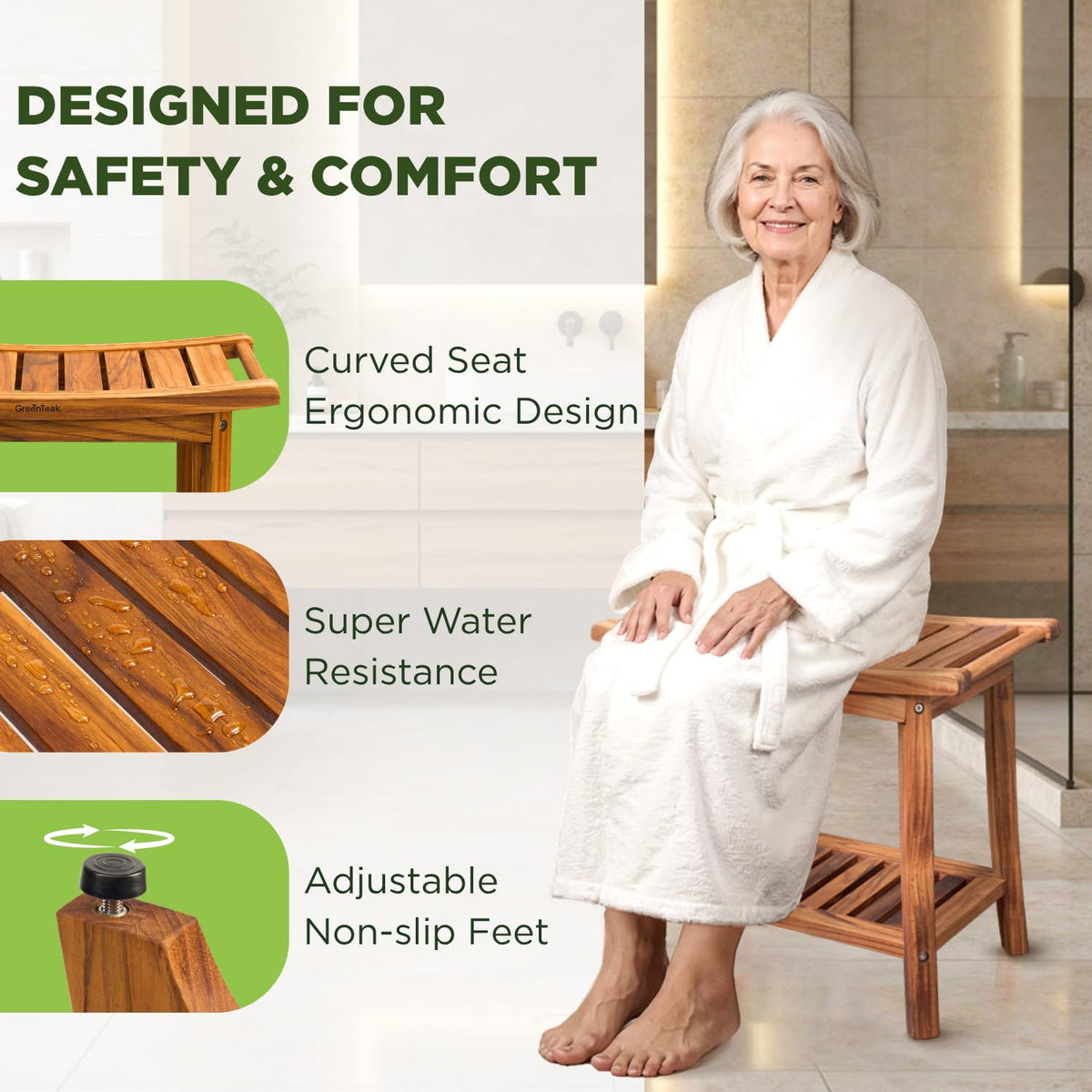 22" Teak Wood Shower Bench with Shelf & Handles W109