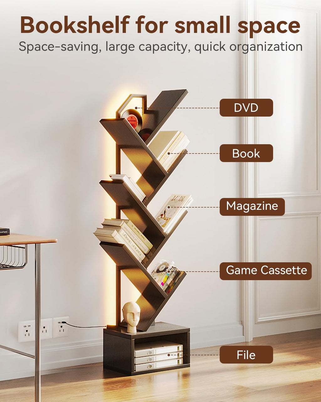 Black 6-Tier Tree Bookshelf with LED Lights X110616