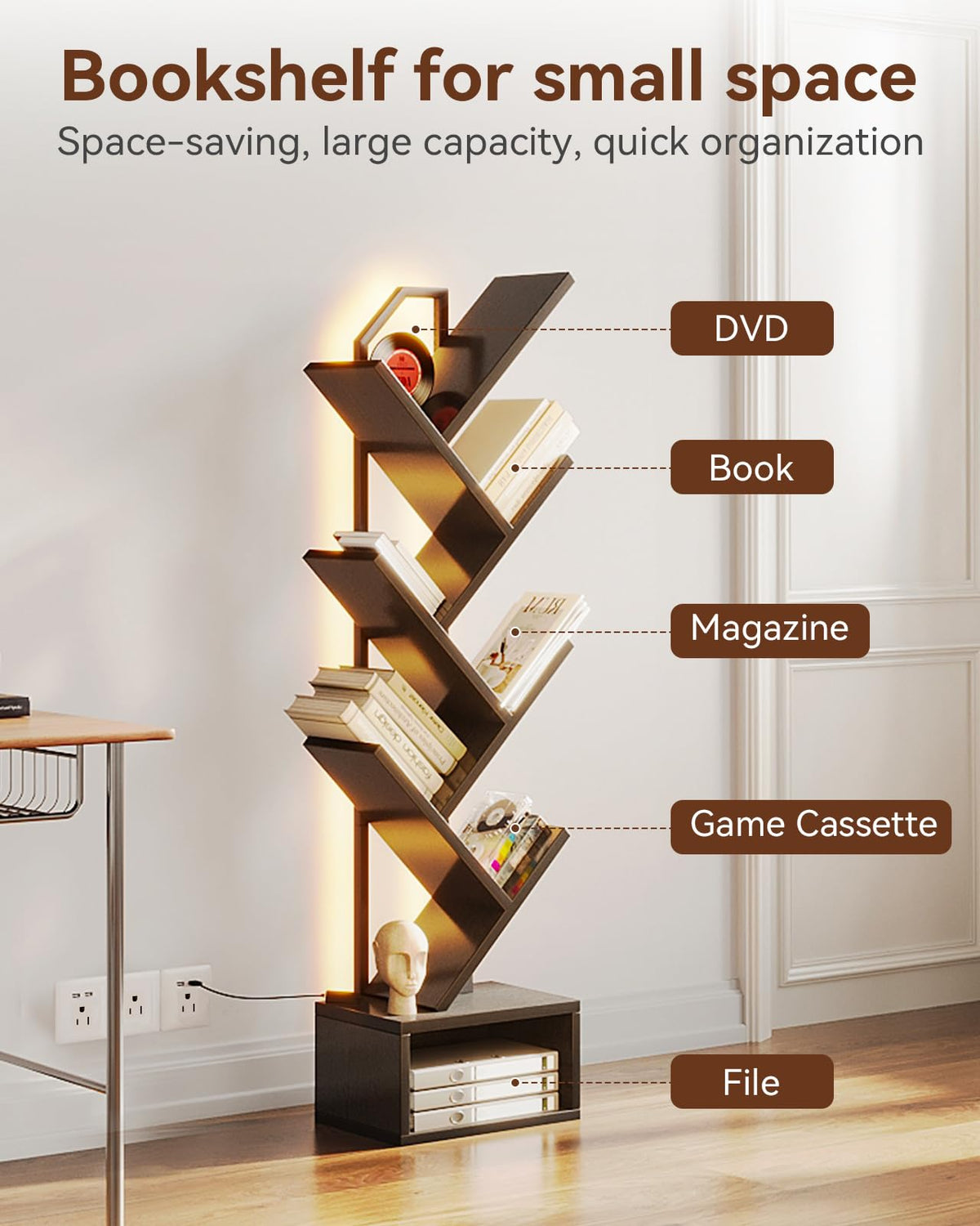 Black 6-Tier Tree Bookshelf with LED Lights X110616