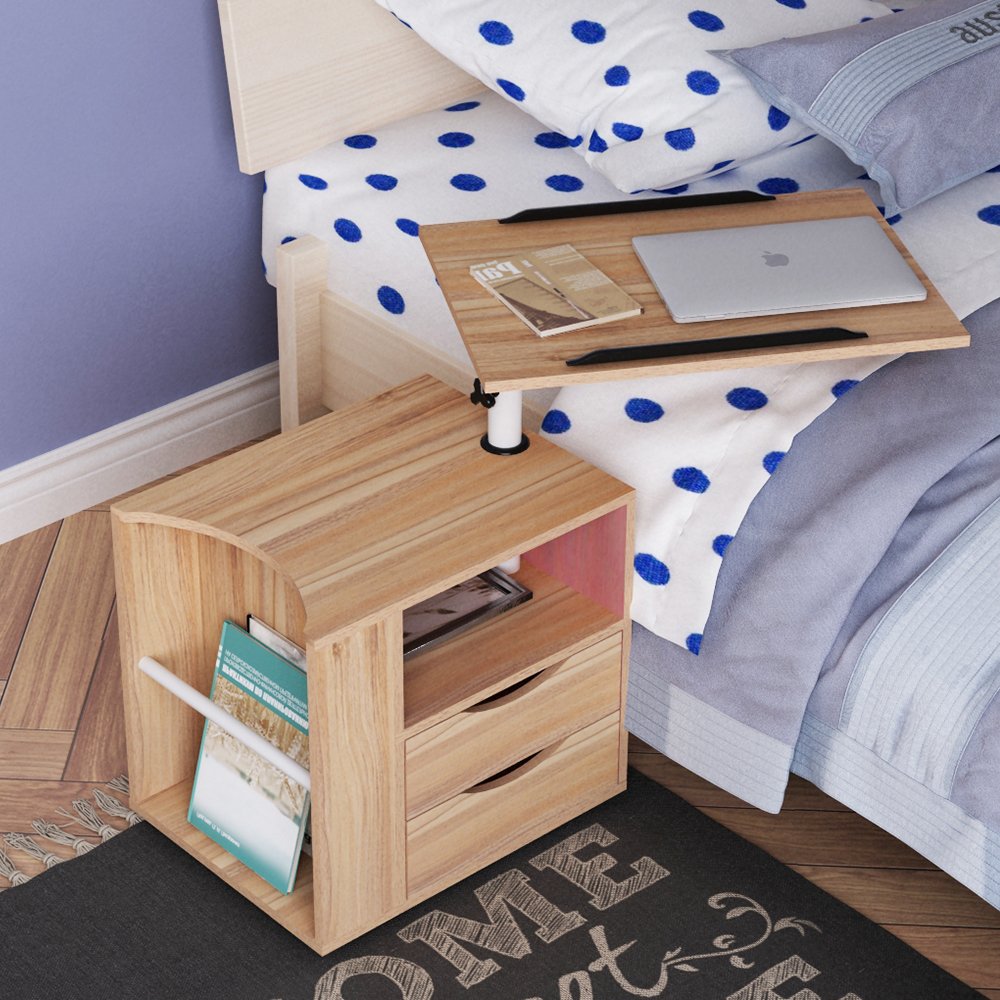 23.6in Rolling Nightstand with 2 Drawers and Shelf Oak J7839