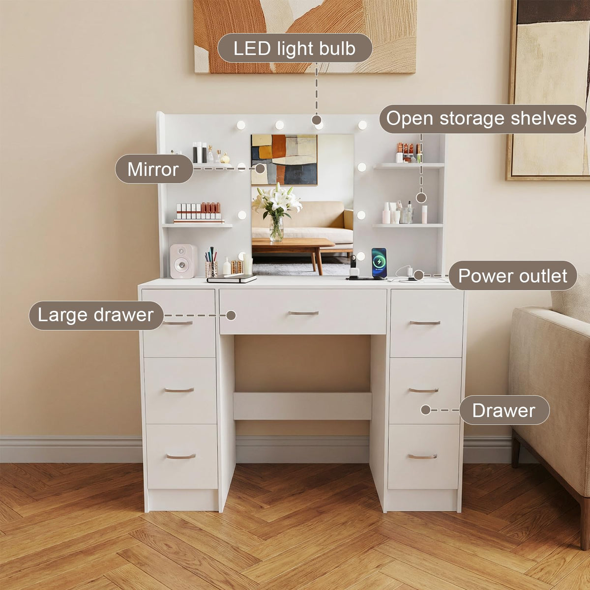 Large White Vanity Desk with LED Lighted Mirror & 7 Drawers W595