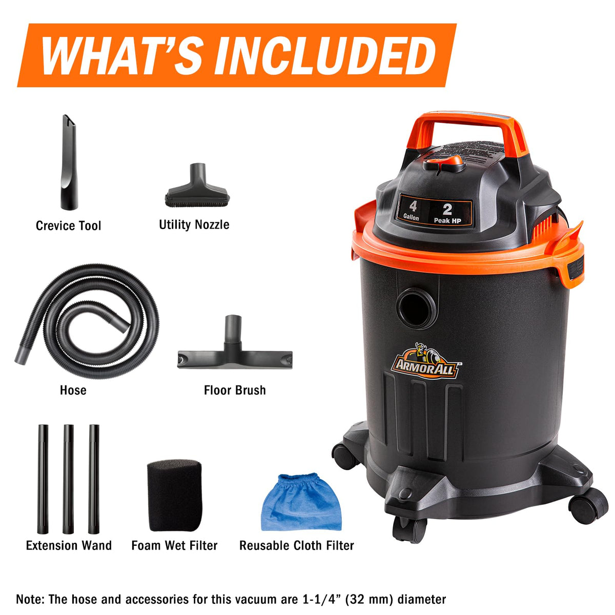 4 Gallon Wet/Dry Vac 2.0 Peak HP Shop Vacuum with Nozzles & Brush R896