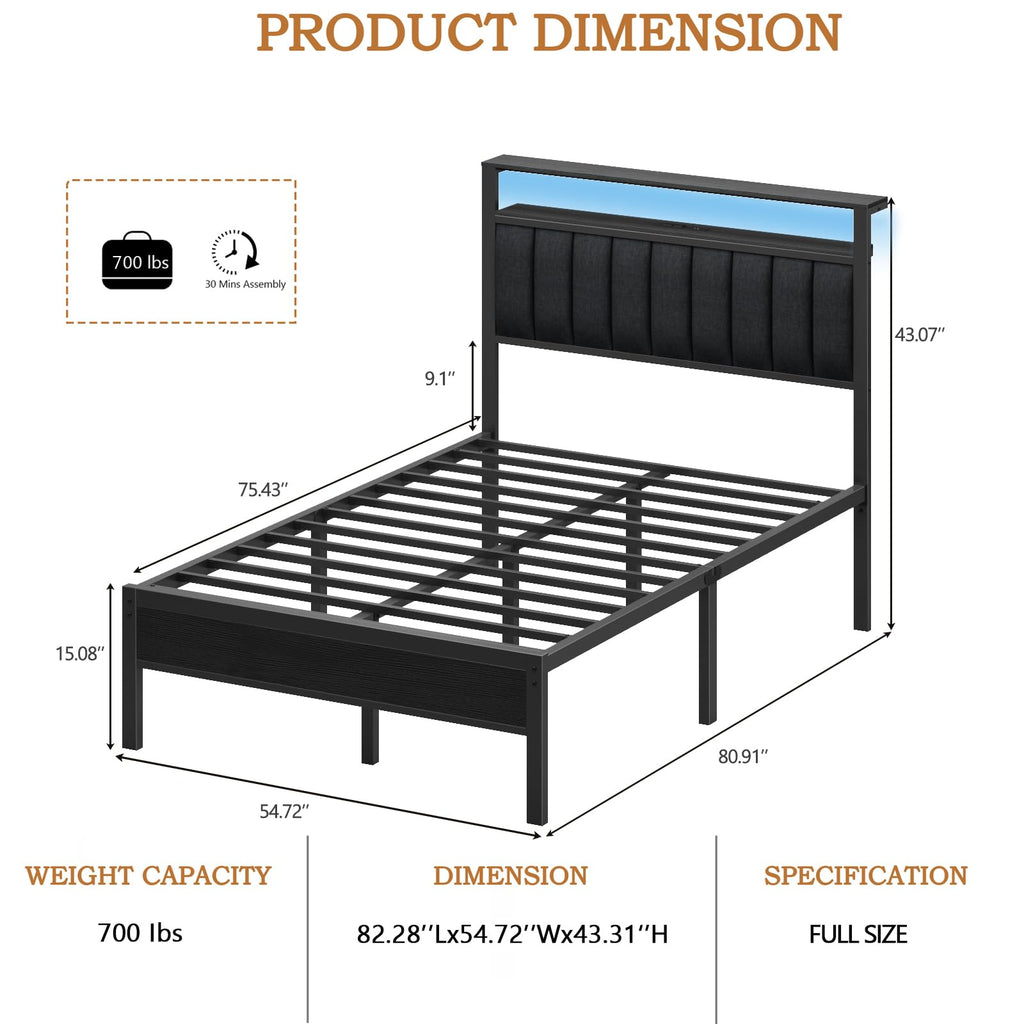 Full Size Bed Frame with Charging Station and LED Lights P24101