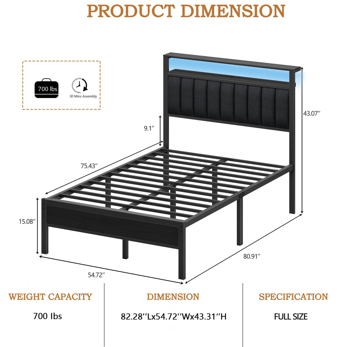 Full Size Bed Frame with Charging Station and LED Lights P24101