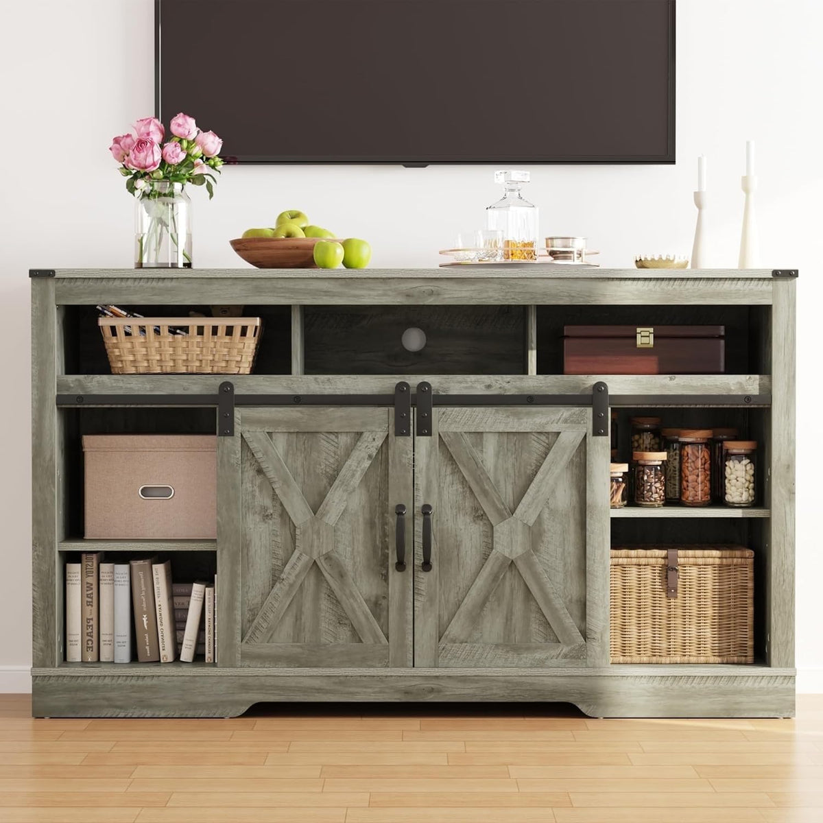 Light Grey Farmhouse TV Stand with Sliding Bar Door B560187