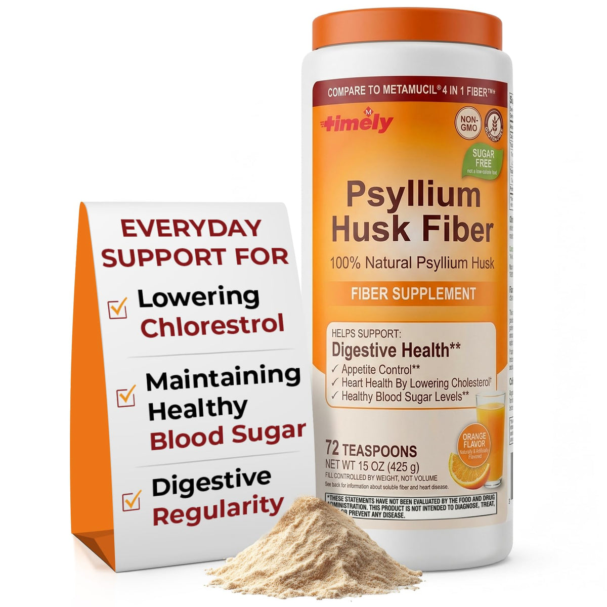 Psyllium Husk Powder Fiber Supplement, Orange Flavor, 15 oz P7901