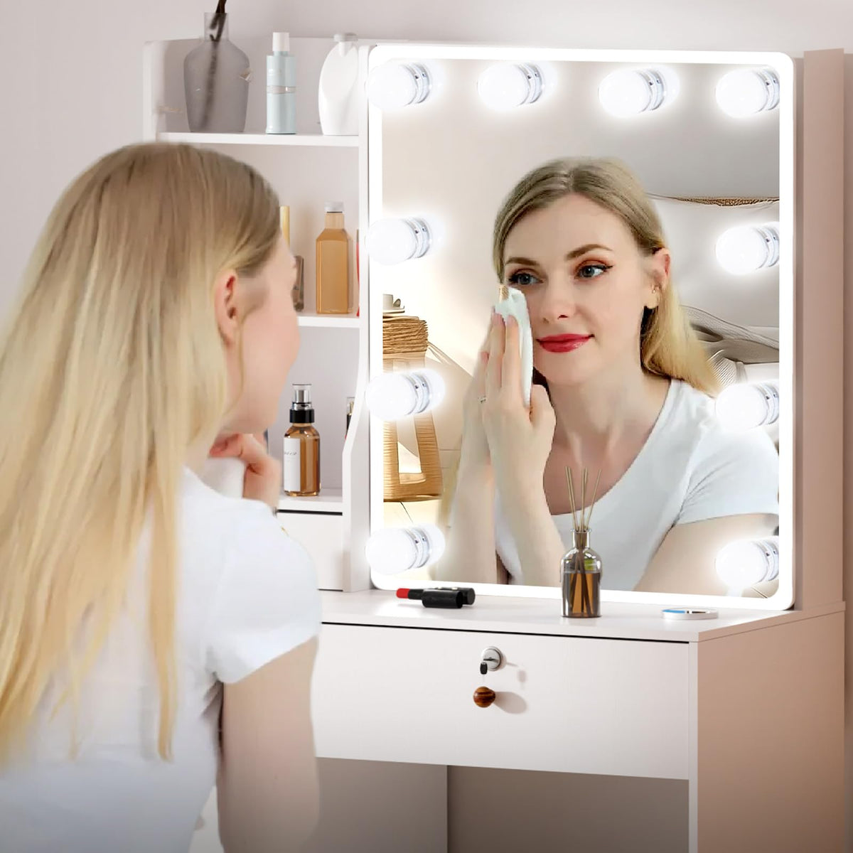 White Vanity Mirror with Lights Desk and Chair 5 Drawers Makeup Table U7573