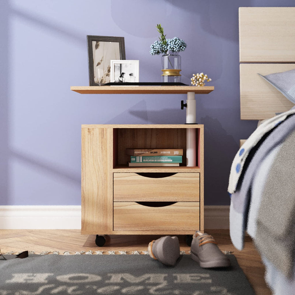 23.6in Rolling Nightstand with 2 Drawers and Shelf Oak J7839