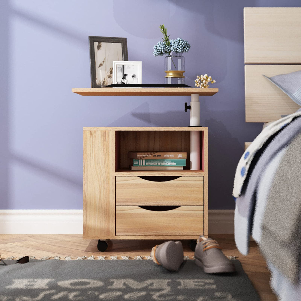 23.6in Rolling Nightstand with 2 Drawers and Shelf Oak J7839