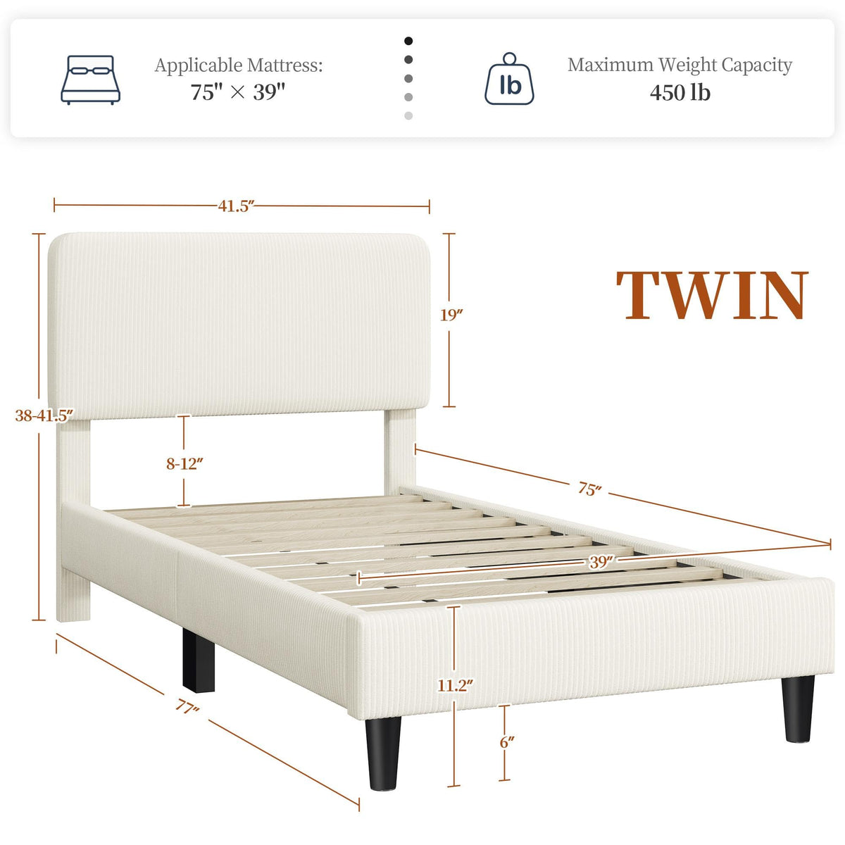 Twin Bed Frame with Adjustable Chenille Upholstered Headboard, Beige G7394