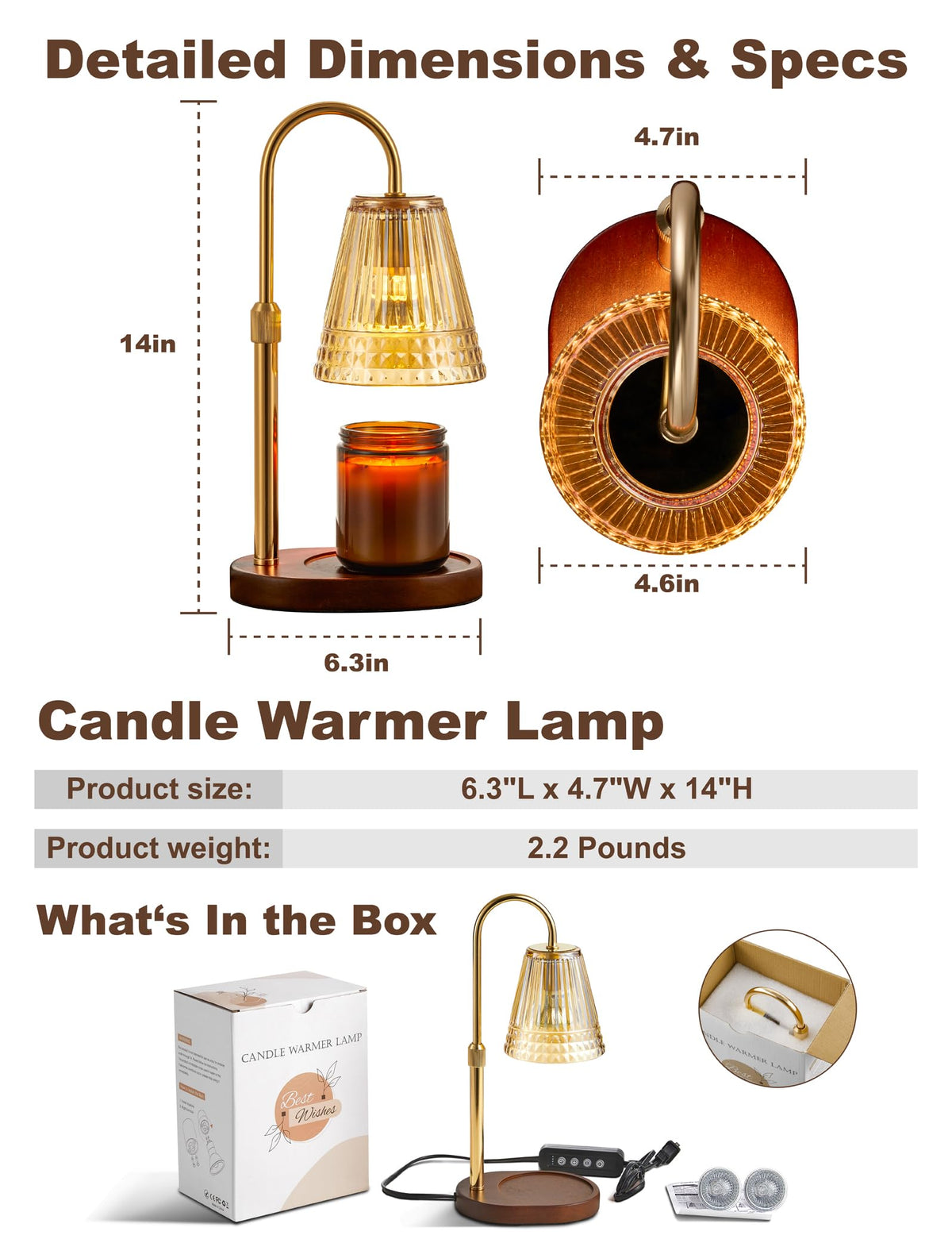 Candle Warmer Lamp with Dimmer & Timer, Adjustable Height, Amber-gold N8163