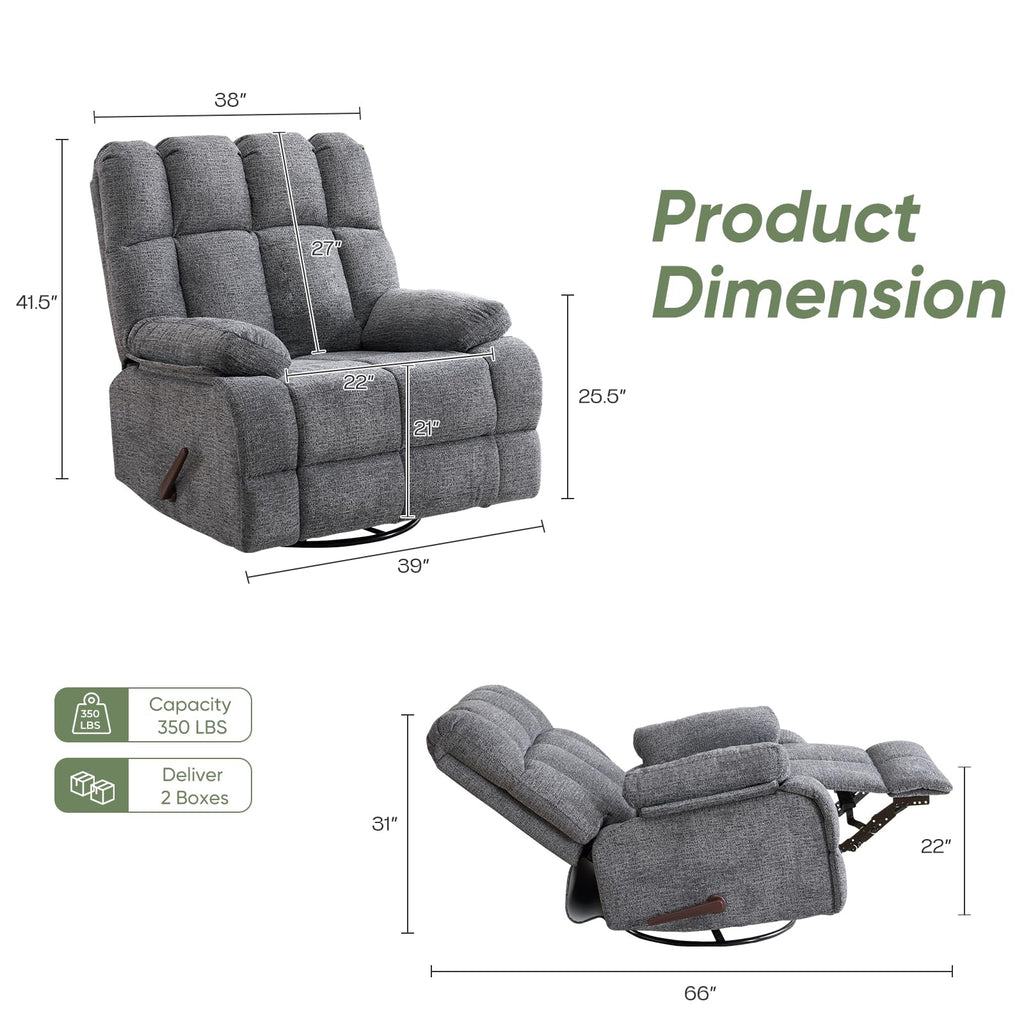 Oversized Chenille Grey Swivel Rocker Recliner Q734