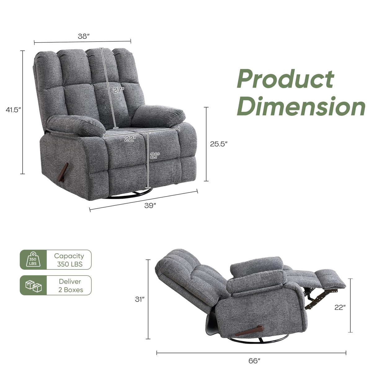 Oversized Chenille Grey Swivel Rocker Recliner Q734