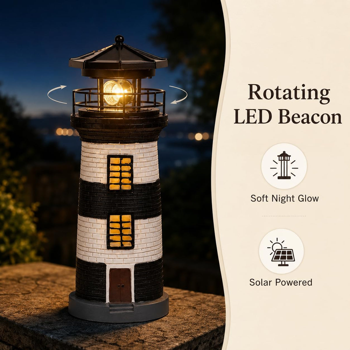 Solar Lighthouse Garden Light, Resin Outdoor Lighthouse Ornament with Rotating LED Beacon Q854318