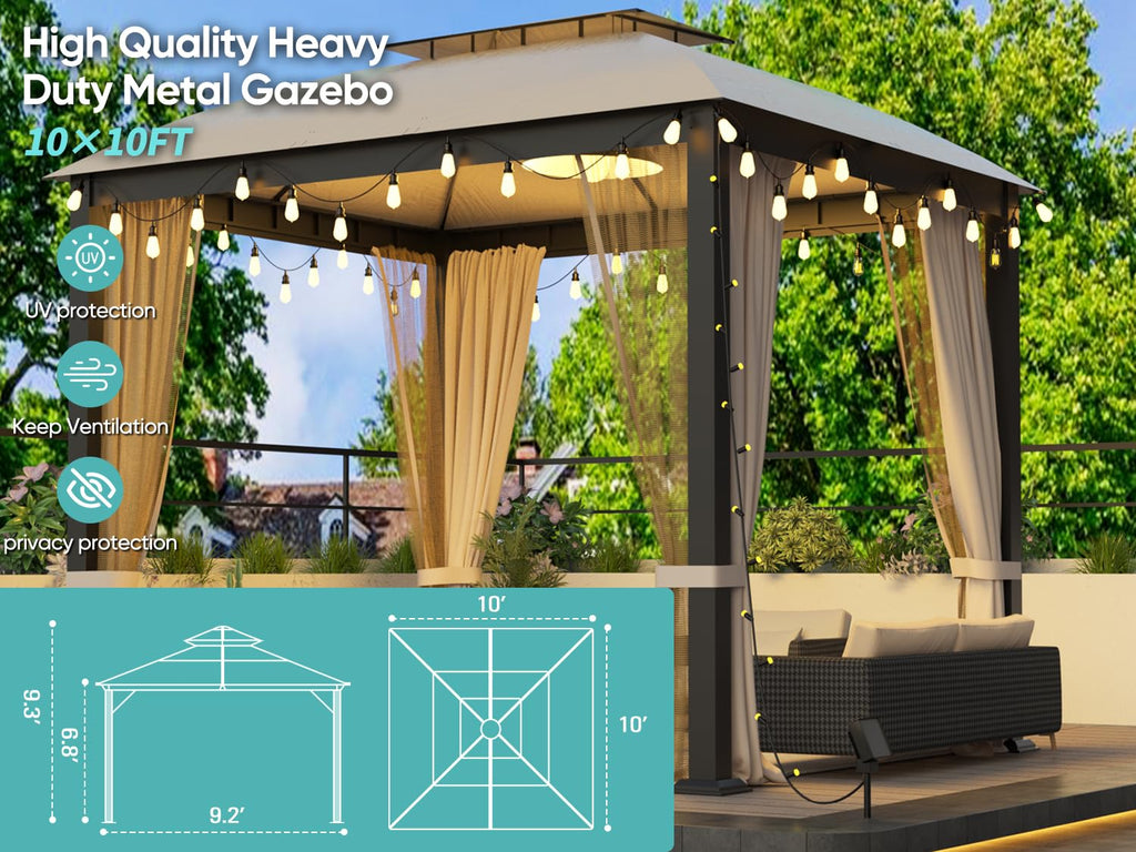 10x10 FT Soft Top Gazebo Canopy with Mosquito Netting & Privacy Curtains Q199