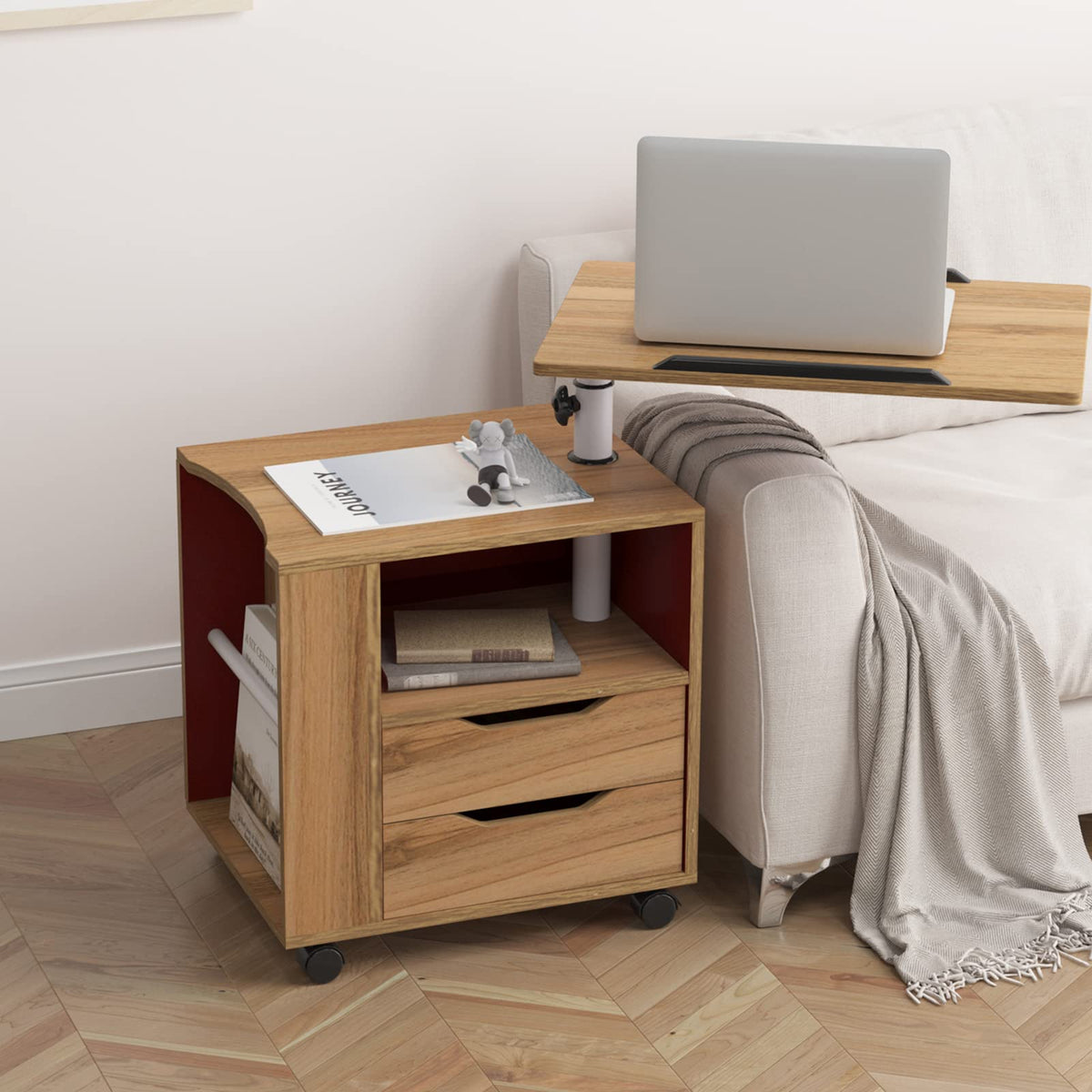 23.6in Rolling Nightstand with 2 Drawers and Shelf Oak J7839