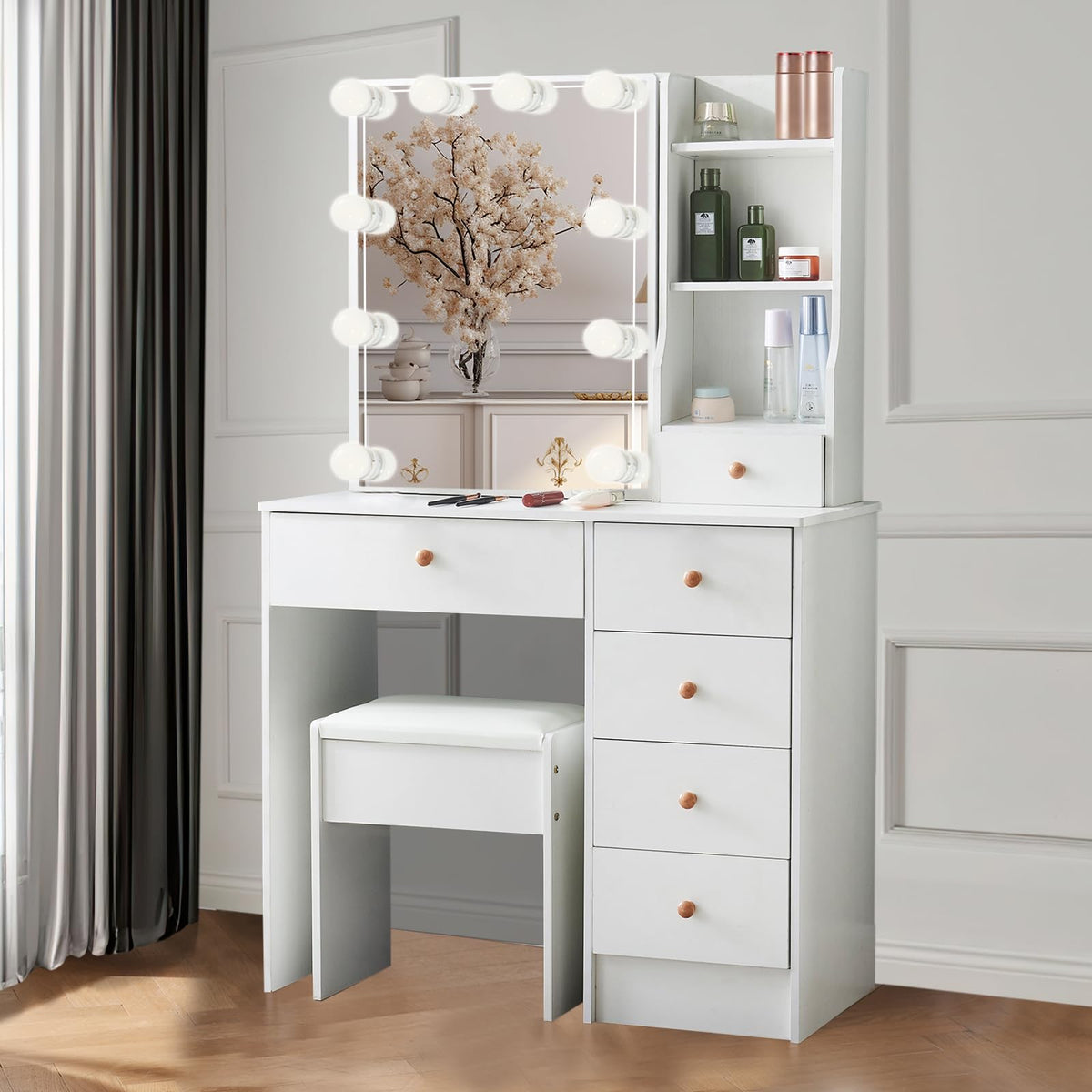 White Vanity Mirror with Lights Desk and Chair 5 Drawers Makeup Table U7573