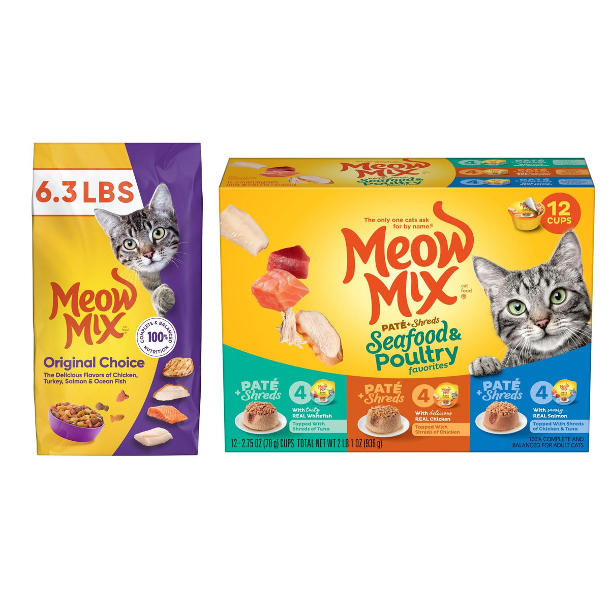 Dry Cat Food 6.3 Pound Bag + Wet Cat Food Variety Pack 2.75 Ounce Cups H671688