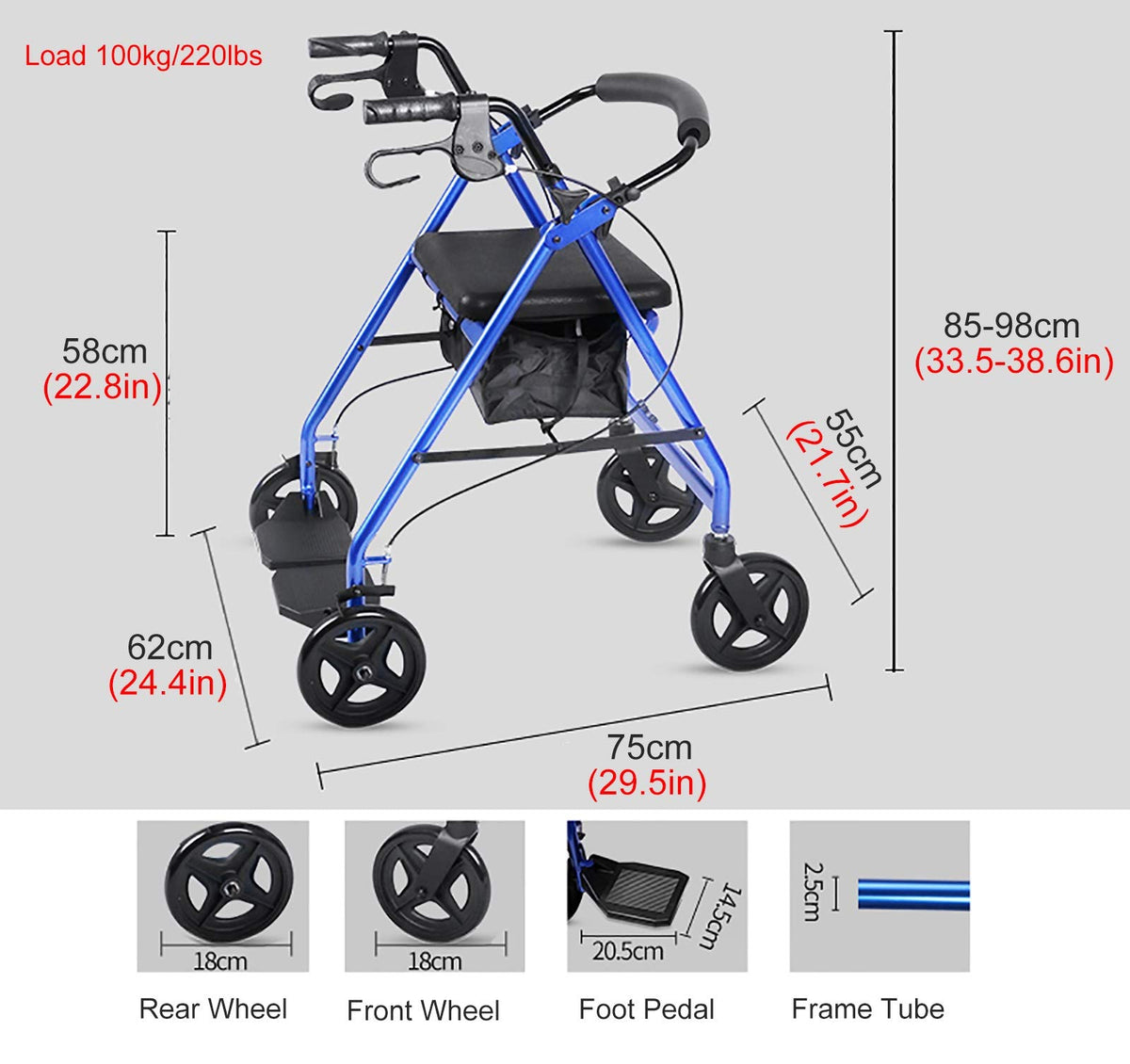 Blue Rolling Walker with Seat Basket Brakes Q1033