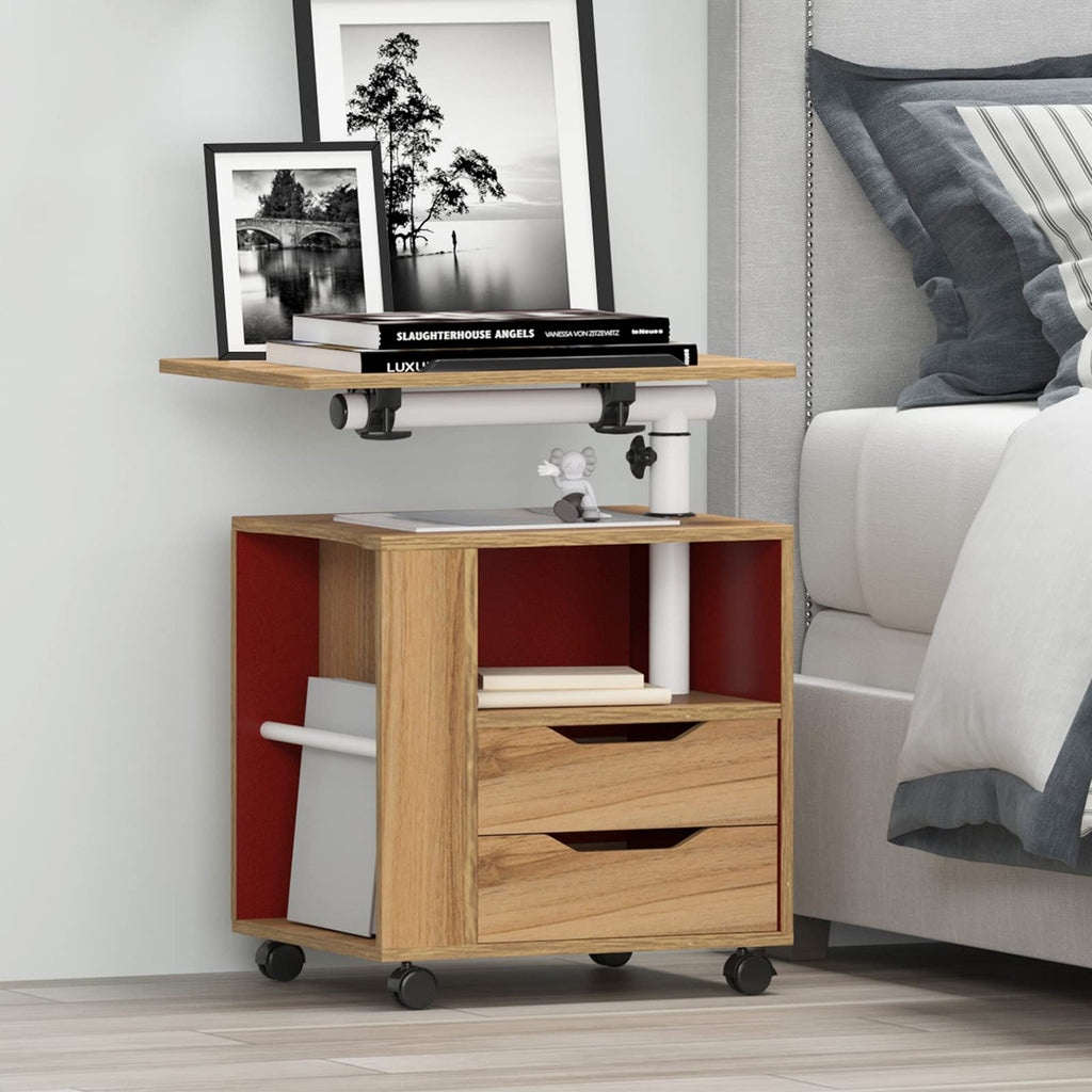 23.6in Rolling Nightstand with 2 Drawers and Shelf Oak J7839