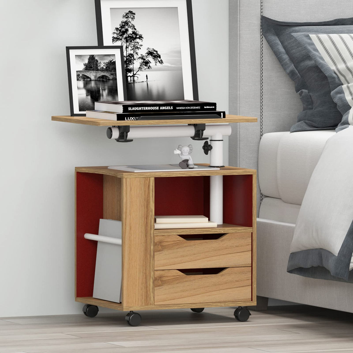 23.6in Rolling Nightstand with 2 Drawers and Shelf Oak J7839