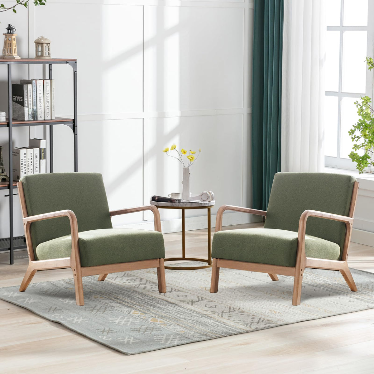Mid Century Modern Accent Chairs Set of 2 Fabric Wood Armchair N164