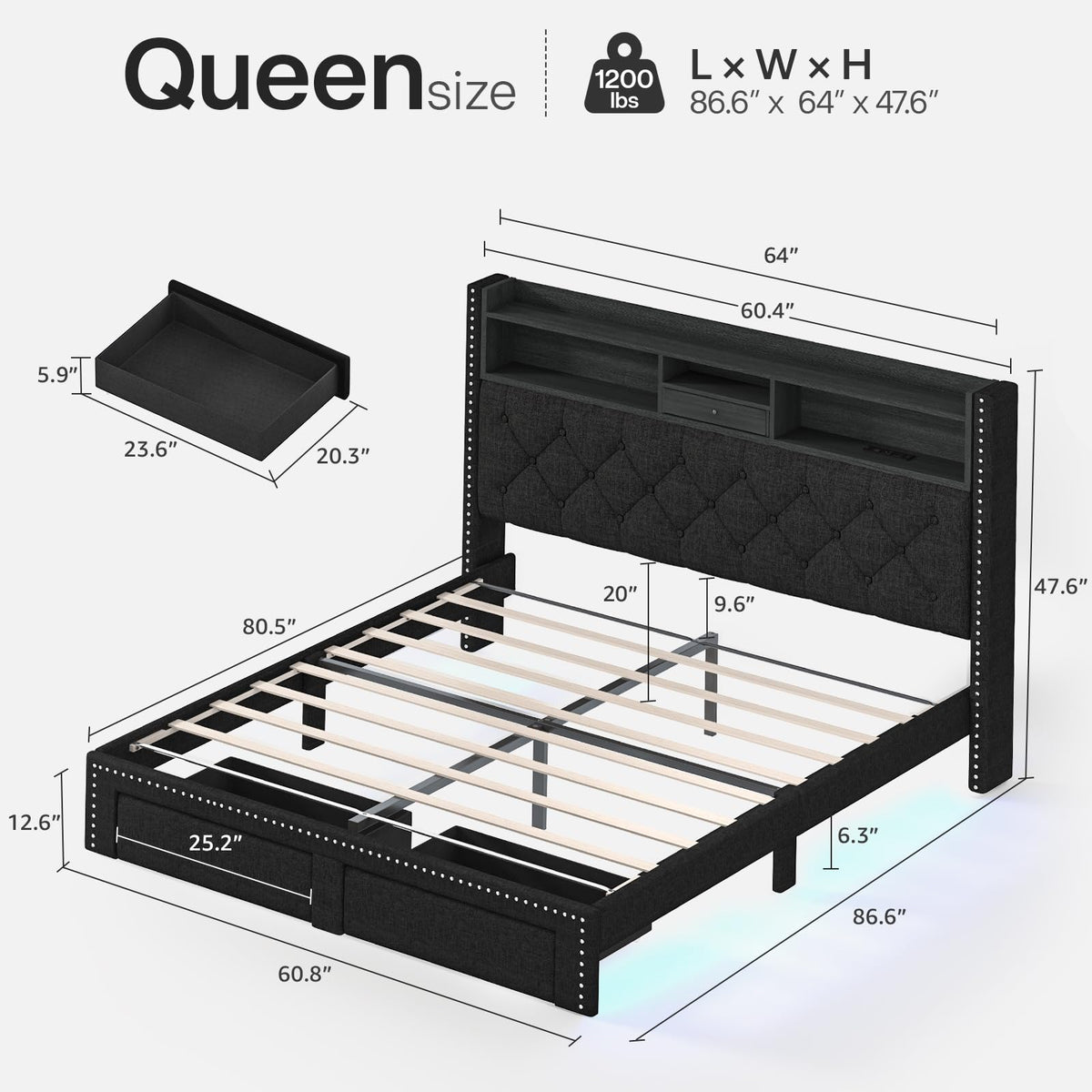 Queen Size Black Upholstered Platform Bed Frame with Storage Headboard and 2 Drawers R33291