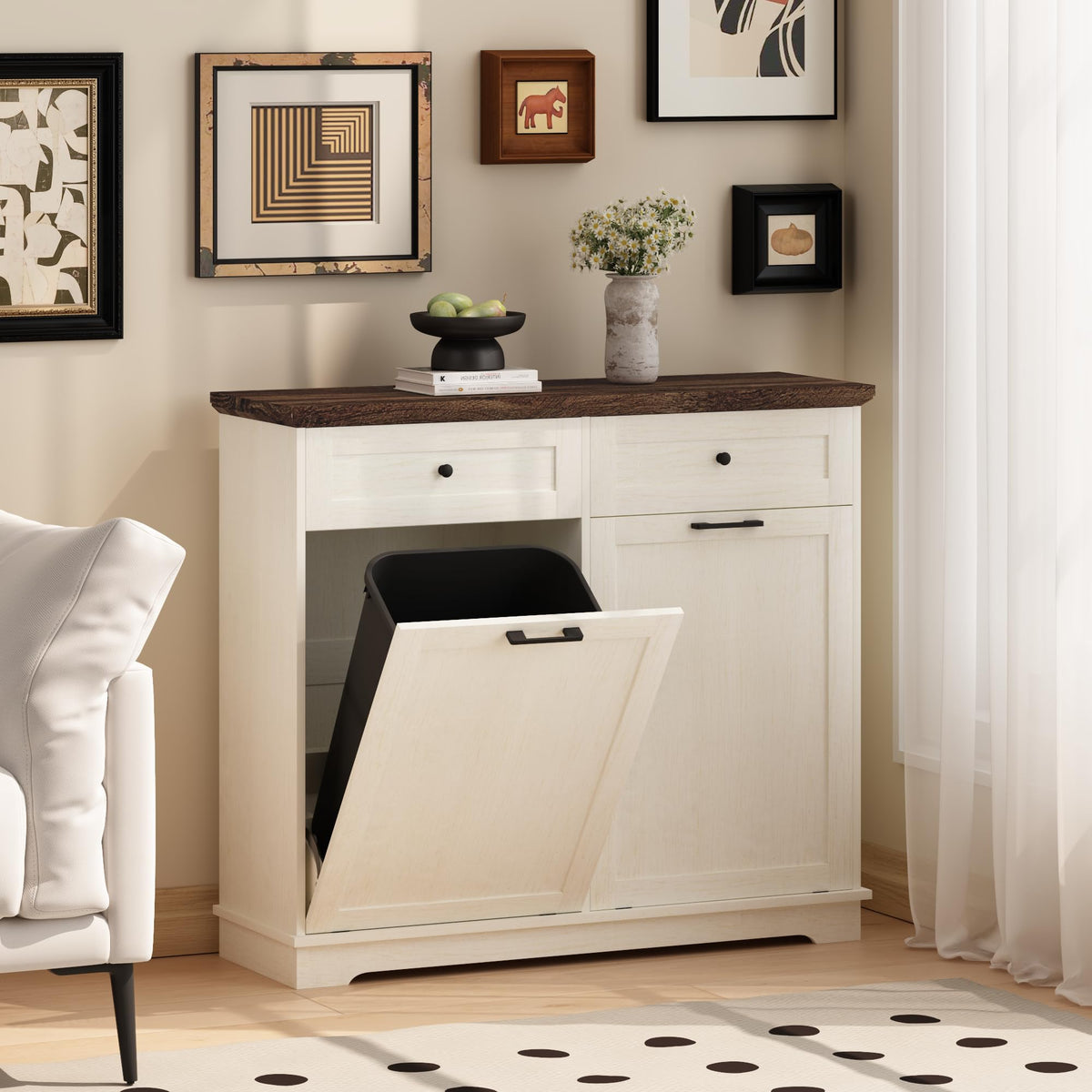 20 Gallon Double Tilt Out Wood Trash Can Cabinet with Drawer A86665