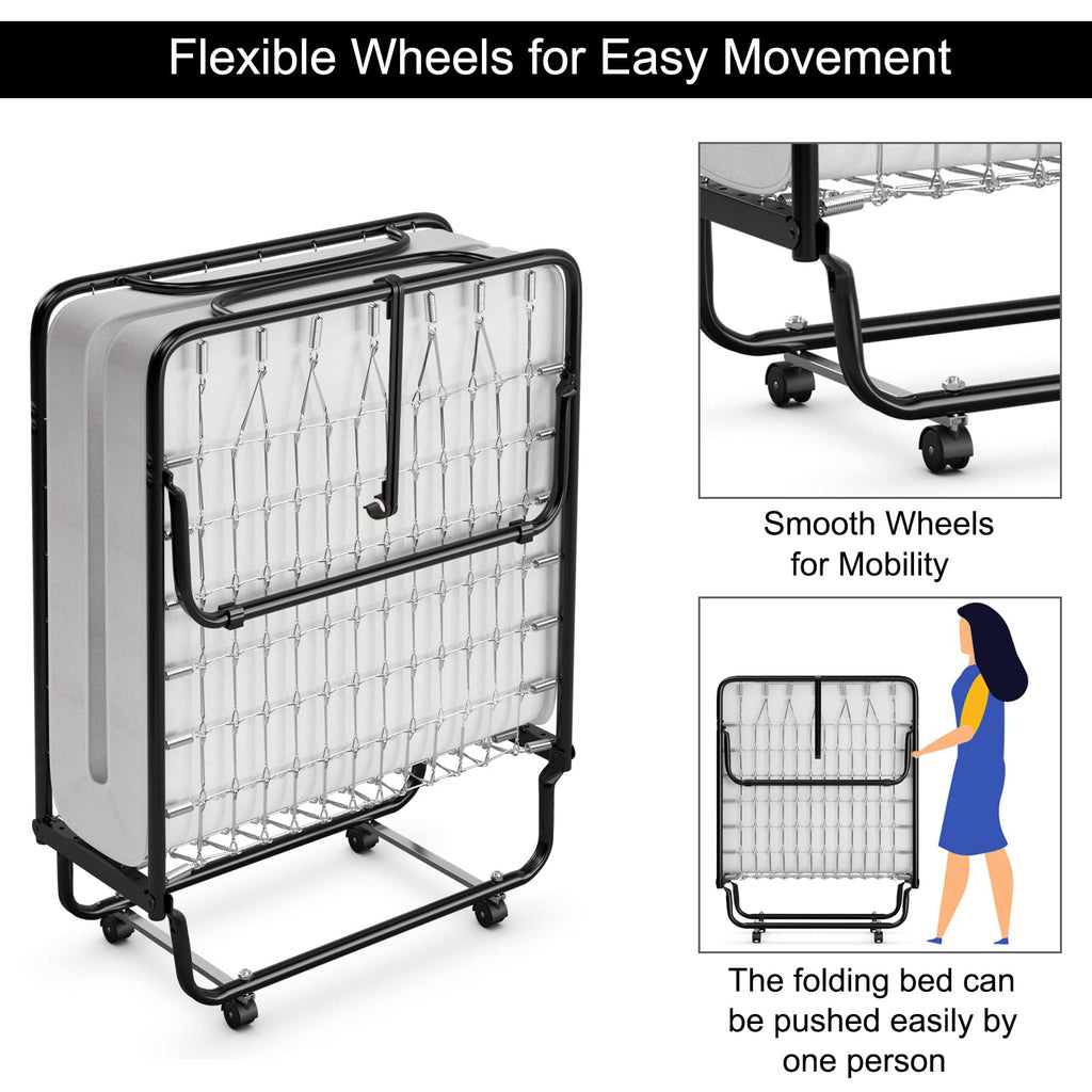 Folding Bed with Memory Foam Mattress and Metal Frame on Wheels F324091