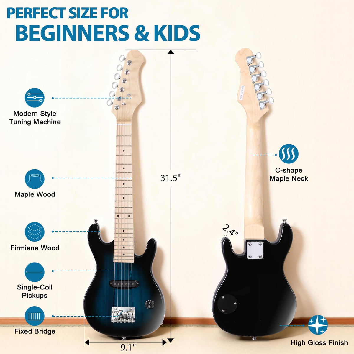 30 Inch Blue Kids Electric Guitar Beginner Kit with Amplifier P3128
