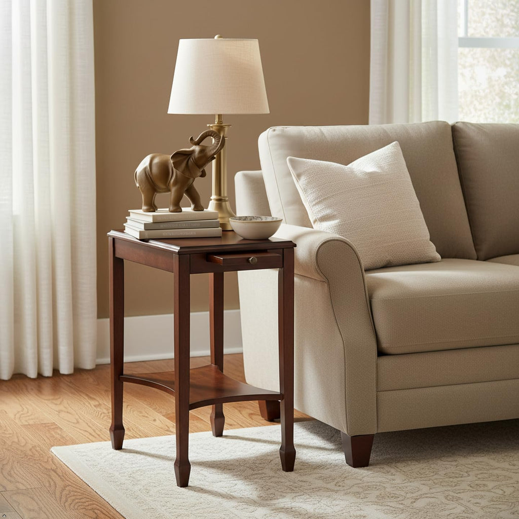 Traditional Rectangular Wood Side Table with Pull-Out Tray Q13922