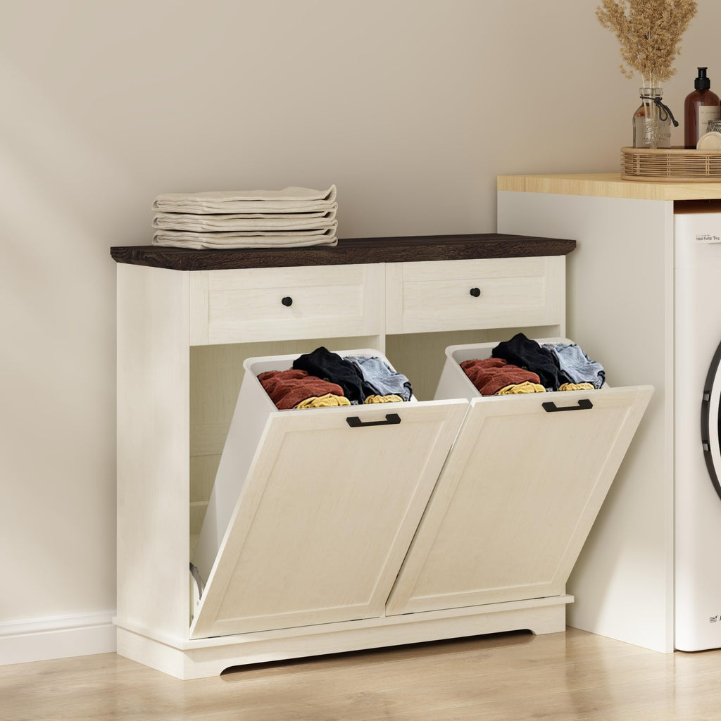 20 Gallon Double Tilt Out Wood Trash Can Cabinet with Drawer A86665