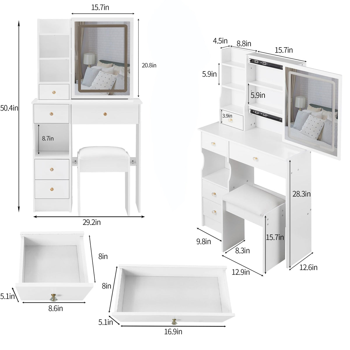 White Vanity Desk with Lighted Mirror and Stool G5490