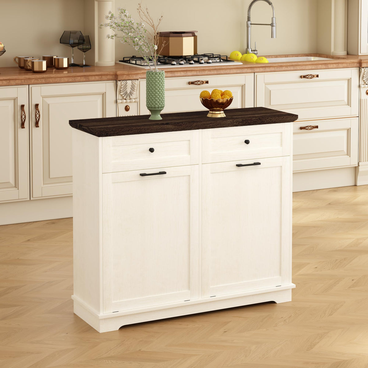 20 Gallon Double Tilt Out Wood Trash Can Cabinet with Drawer A86665