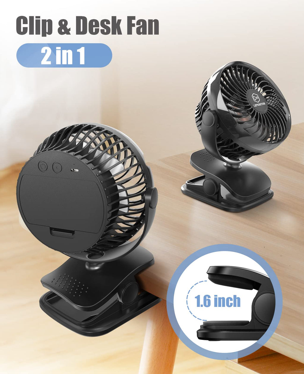 Battery Operated Clip on Fan, USB Powered Portable Desk Fan 4 Speeds P1725