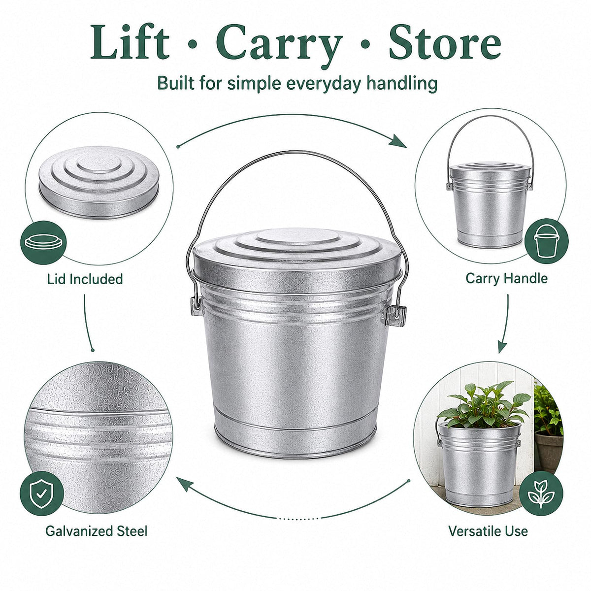 6 Gallon Galvanized Metal Trash Can with Locking Lid K125