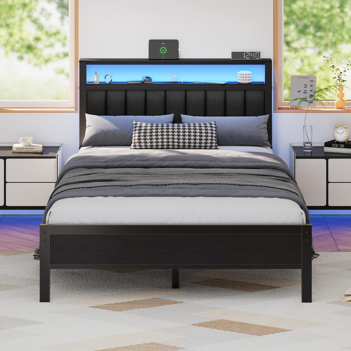 Full Size Bed Frame with Charging Station and LED Lights P24101