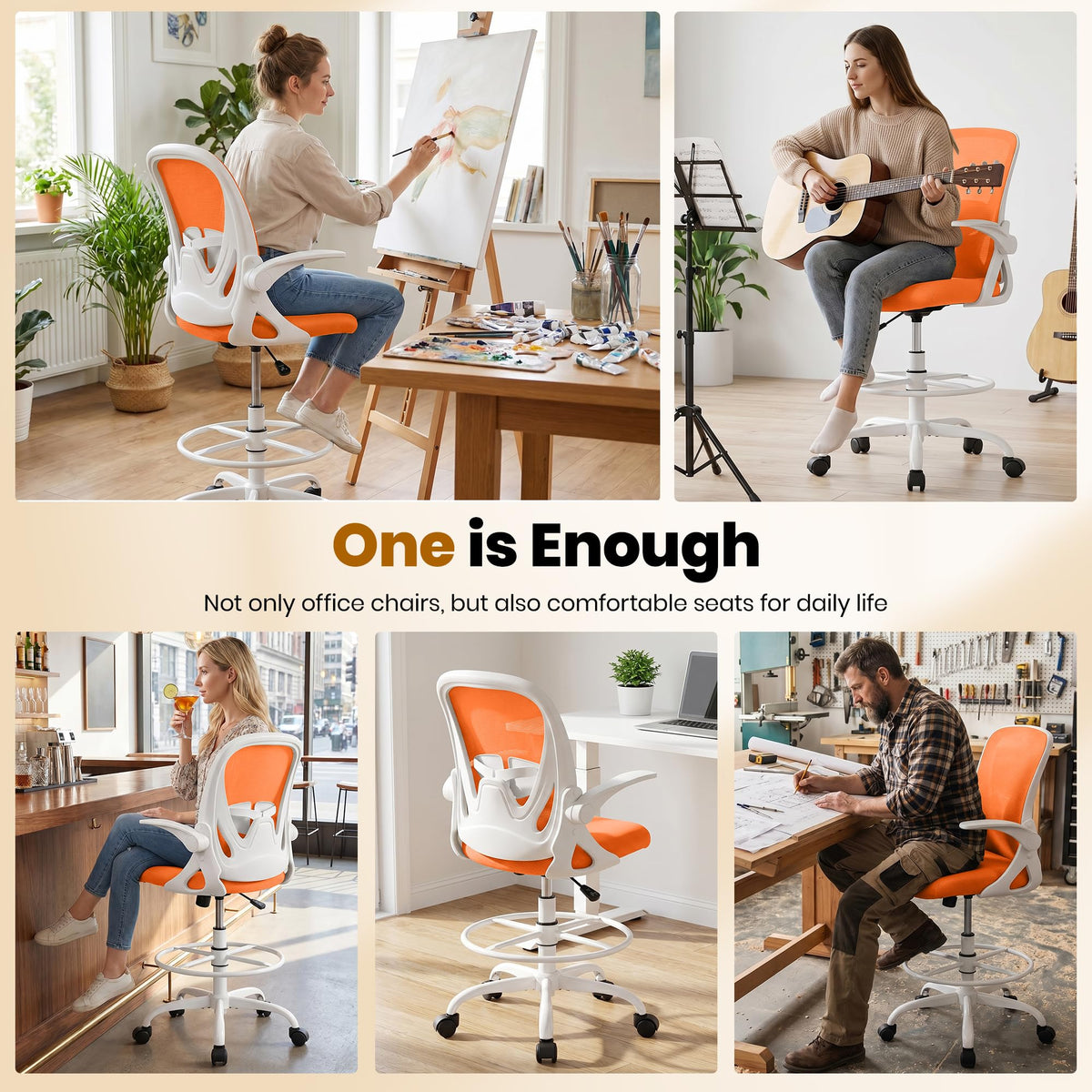 Tall Ergonomic Drafting Chair with Flip-up Armrests and Footrest Ring A5908