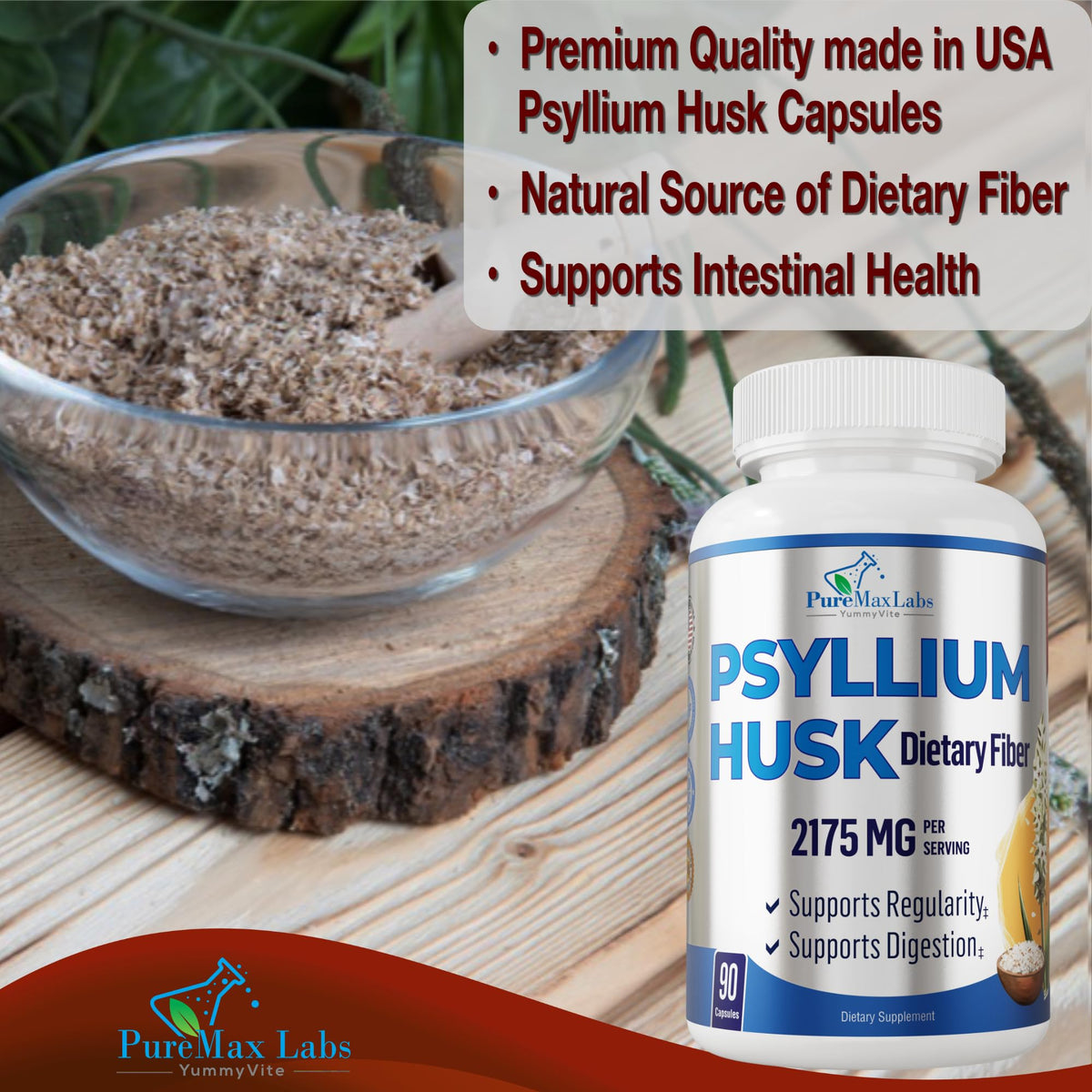 Psyllium Husk Dietary Fiber Supplement 2175mg 90 Capsules C57148