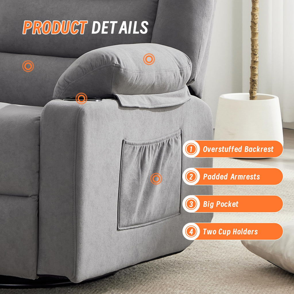 Grey Manual Swivel Rocking Recliner Chair with Massage and Heating N3347