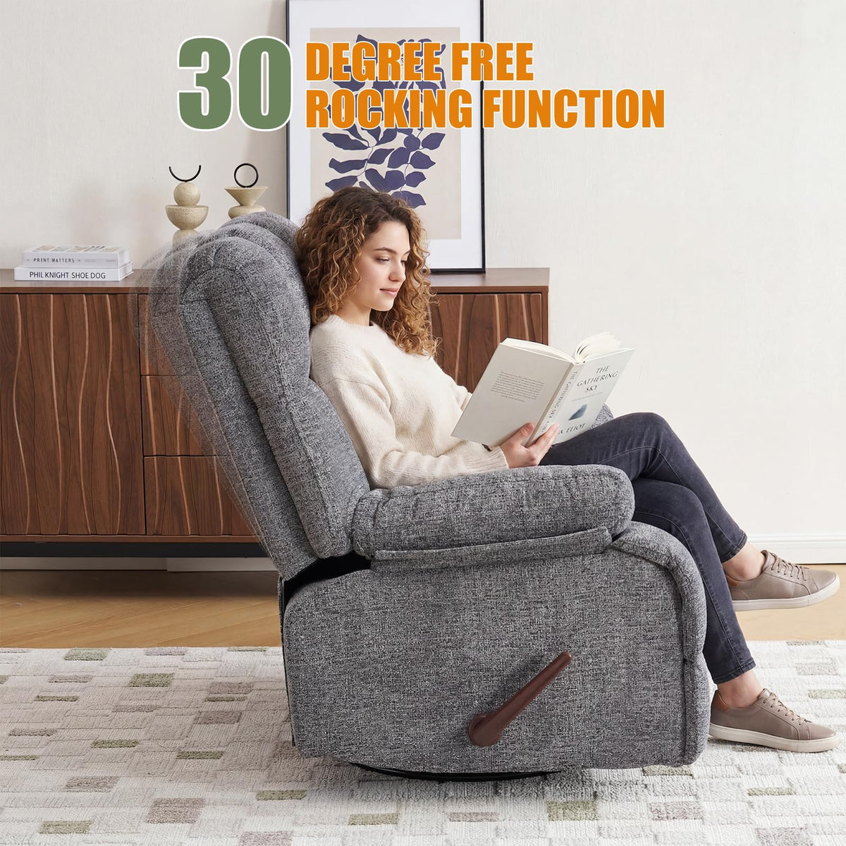 Oversized Chenille Grey Swivel Rocker Recliner Q734