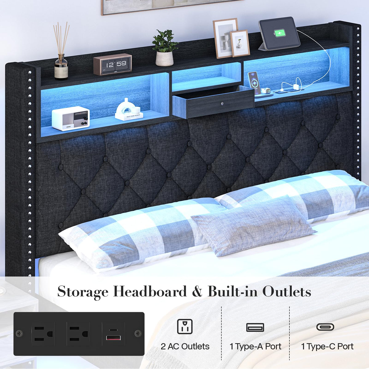 Queen Size Black Upholstered Platform Bed Frame with Storage Headboard and 2 Drawers R33291
