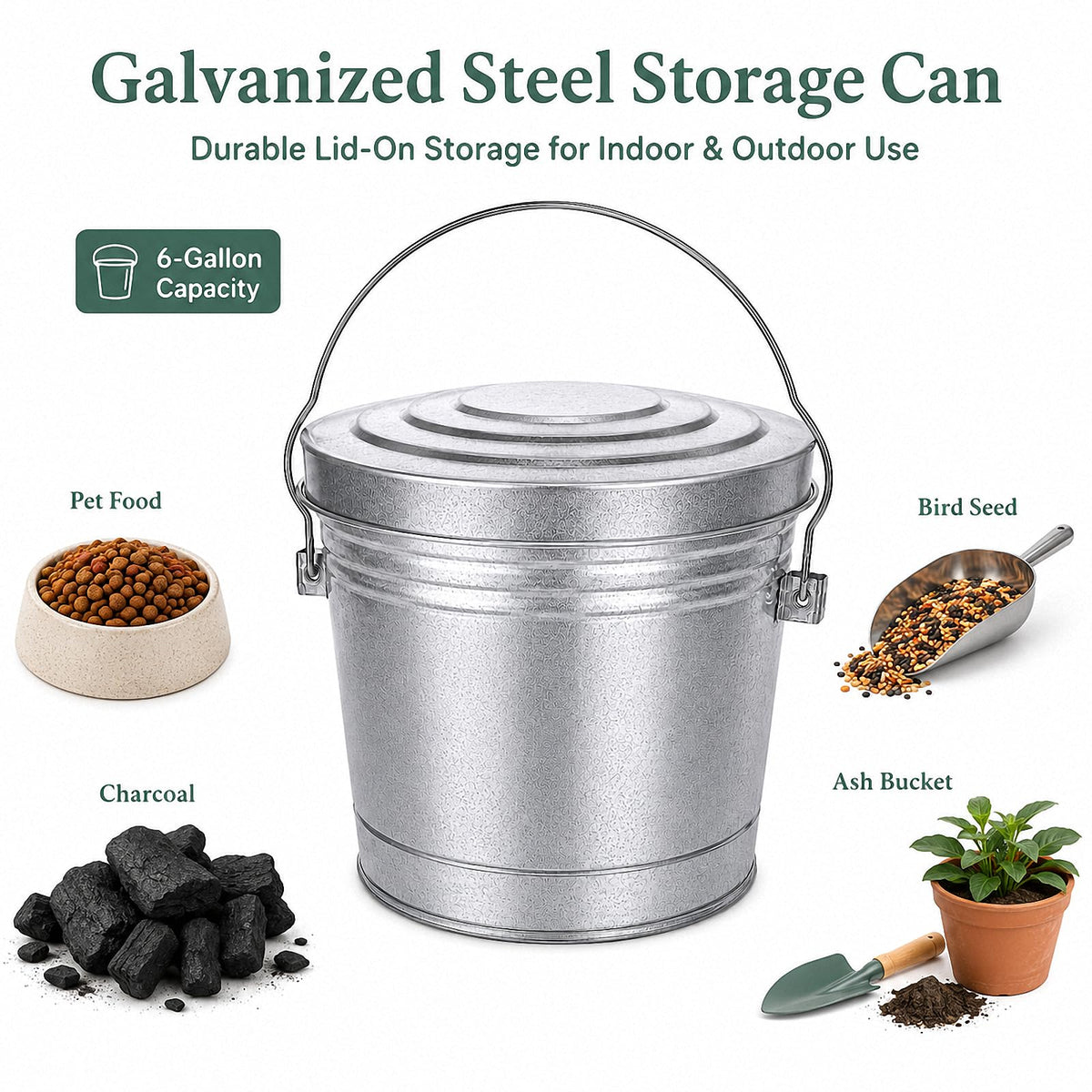 6 Gallon Galvanized Metal Trash Can with Locking Lid K125