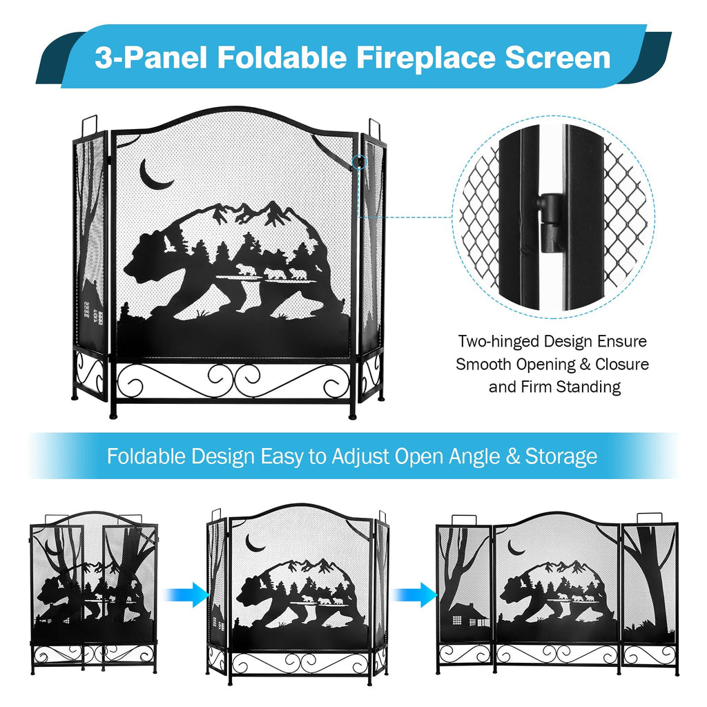 3-Panel Folding Metal Fireplace Screen Black L578